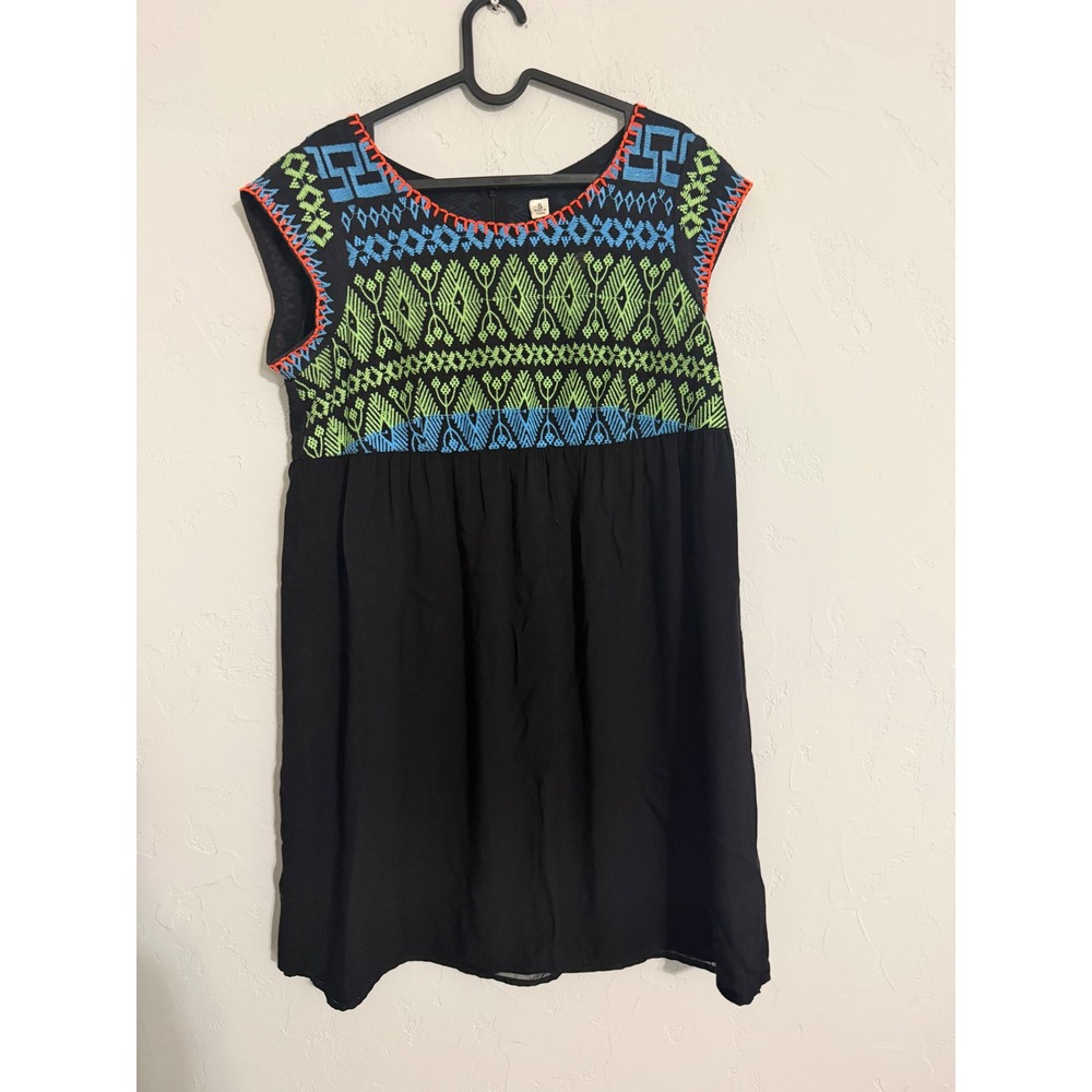Uncle‎ Frank Black Cotton Embroidered Boho Shift Dress Sleeveless Geometric S